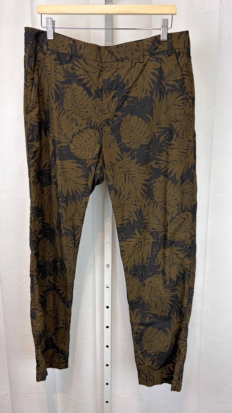 VINCE Tropical Leaf Print Chino Pants Zip Fly Flat Front Cotton Brown Black 34
